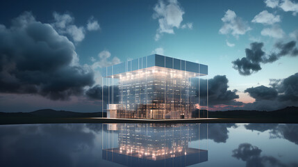 An ethereal cloud data center floating in the sky, symbolizing remote cloud storage solutions. - obrazy, fototapety, plakaty