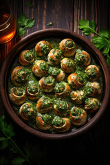 Escargots de Bourgogne on wooden table. French appetizer tradition. - 686238444