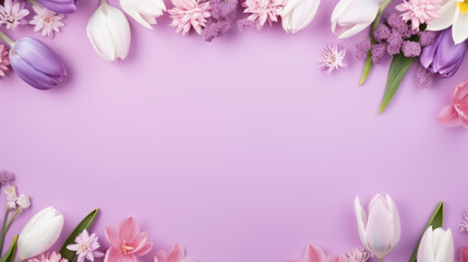 Beautiful white and purple tulips and other flowers with leaves on a light purple background with copy space for text in the center. Spring background.