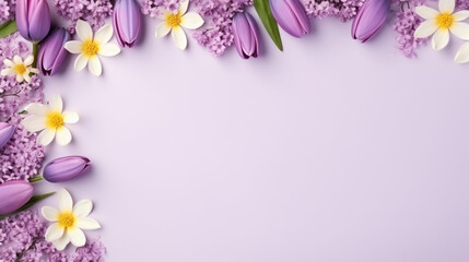 Beautiful white and purple tulips and other flowers with leaves on a light purple background with copy space for text. Spring background.