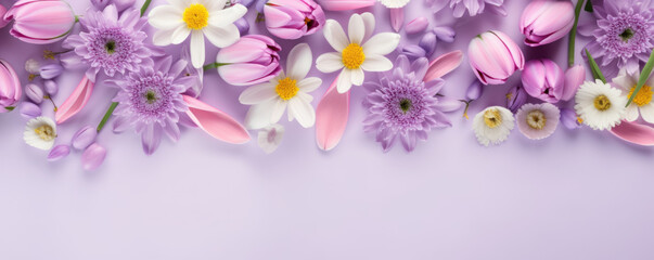 Fototapeta na wymiar Beautiful flowers of white, purple, and pink flowers and other flowers with leaves on the sides on a light purple background with copy space for text at the bottom. Spring background.