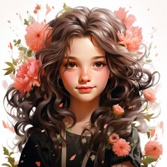 Portrait of Cute Happy Young Girl Pink Wildflowers Cartoon Style