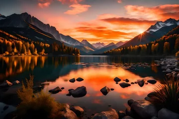 Tuinposter "Create an enchanting sunset over a peaceful mountain range, with vivid colors reflecting on a calm lake." © Mazhar