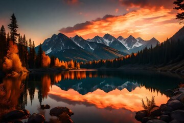 "Create an enchanting sunset over a peaceful mountain range, with vivid colors reflecting on a calm lake."