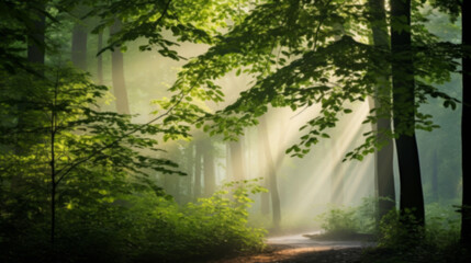 Beautiful branches with vivid green leaves on sunny bokeh background of greenery.