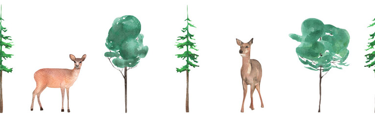 Woodland wildlife border. Illustration with animal and tree. Watercolor animal and forest evergreen trees on white background.