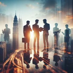 Naklejka premium Teamwork and meeting vibes captured in a Kuala Lumpur cityscape backdrop with overlaid businessmen silhouettes, presenting a multiexposure perspective