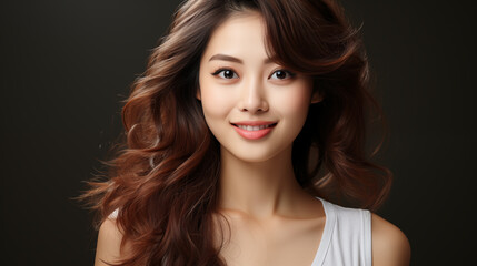 Fototapeta premium beautiful young asian woman with long hair, on dark background