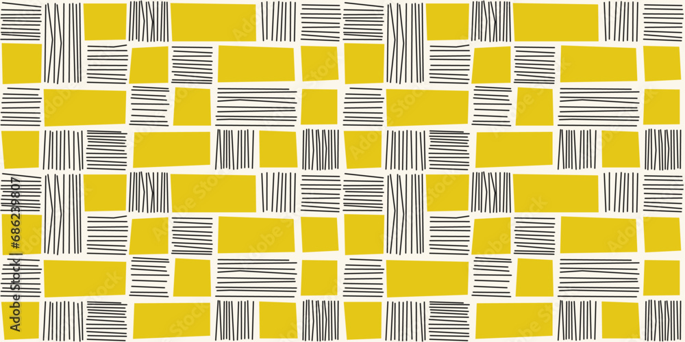 Poster bold lines and yellow squares or rectangles. alternating drawn lines and geometric rectangles. for s