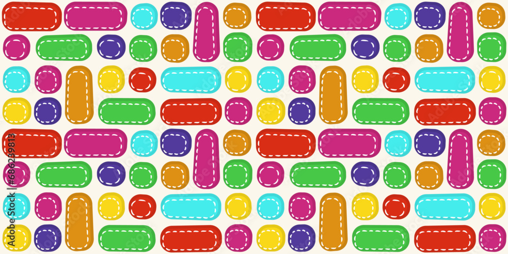 Leinwandbilder Multi-colored rounded stickers with dotted lines. Seamless pattern of colored shapes.