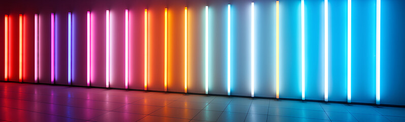 Colored lights illuminating a minimalist white space. 
