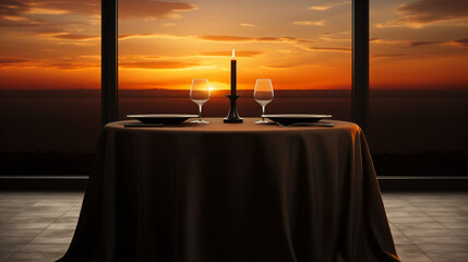 Romantic dinner table setup features candles, wine glasses, and plates against the backdrop of a sunset view through a large window, creating a warm and inviting atmosphere.