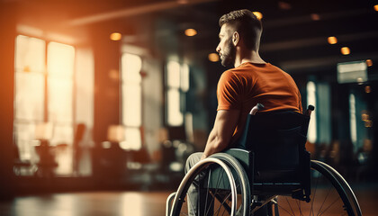 Man after war in wheelchair wheelchair in gym - obrazy, fototapety, plakaty