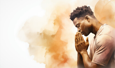 abstract illustration of a handsome young African american black man praying with his hands clasped - profile side view - white background - watercolor strokes - copy space - banner