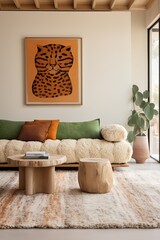 Modern living room featuring an oversized leopard print wall art, plush sofas, and wood accents