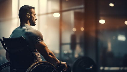 Man after war in wheelchair wheelchair in gym
