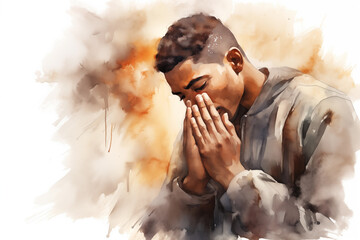 abstract illustration of a handsome young African american black man praying with his hands clasped - white background - watercolor strokes - copy space - obrazy, fototapety, plakaty