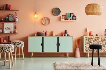 Retro-inspired interior showcasing a mint green sideboard with cheerful decor items on a pink wall background