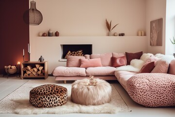 Stylish interior design of a cozy living room with a pink l-shaped couch, fireplace, and decorative items