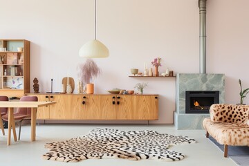 Elegant interior design of a chic living room with pink walls, leopard print rug, and a modern fireplace
