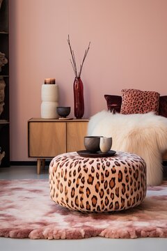 Fashionable room corner featuring a bold leopard print pouf, stylish decor, and a patterned rug against a pink wall