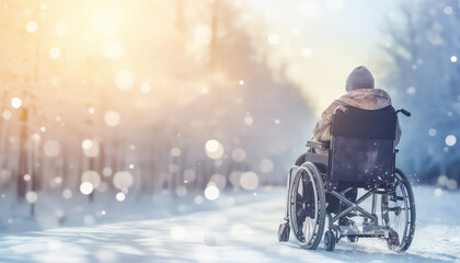 An old man in a wheelchair on a gurney outdoors in winter - obrazy, fototapety, plakaty