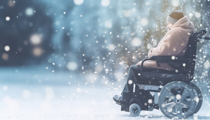 An old man in a wheelchair on a gurney outdoors in winter - obrazy, fototapety, plakaty