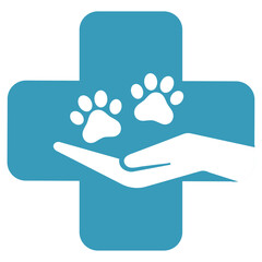 Illustration of a veterinary clinic logo. A hand holds a dog’s paws on the background of a medical cross.