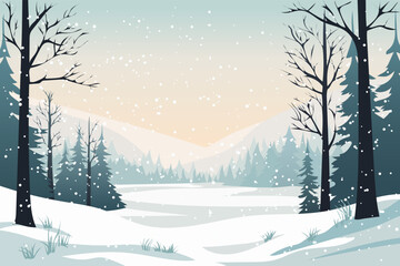 Naklejka premium Winter simple landscape. Trees without leaves, snowdrifts, spruce and pine trees against the backdrop of mountains covered with snow in snowy weather. Design for Christmas or New Year.