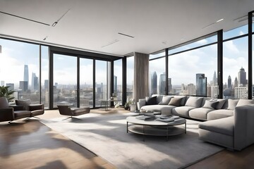 "Create a modern, minimalist luxury penthouse with floor-to-ceiling windows offering panoramic views of a city skyline."