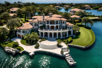 "Visualize an extravagant waterfront estate with a private dock, lush lawns, and a sparkling infinity pool."