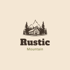forest wooden house village cabin logo design,premium wooden cabin and pine forest mountain retro vector black logo