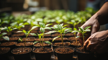 Young seedlings of pepper in peat pots. Selective focus.