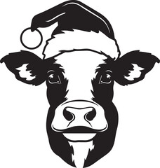 black and white illustration of a cow with Santa hat