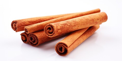 Two cinnamon sticks crossing on a white surface