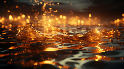 Golden waves. Dark golden theme background with golden liquid and reflection - obrazy, fototapety, plakaty