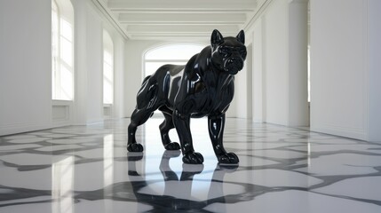 Fototapeta premium room with black marble sculpture of animal beast in the middle with white minimal and clean marble floor and walls --ar 16:9 --v 5.2 Job ID: 4fd70c01-a861-4bf4-a43e-f1783c1b59be