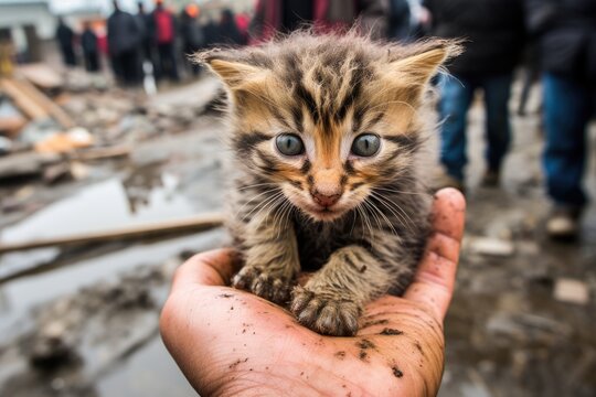 Unhappy lonely dirty homeless kitten sitting outdoor. Problem of homeless rejected animals. Animal without home. Human care, protecting and animal shelter concept