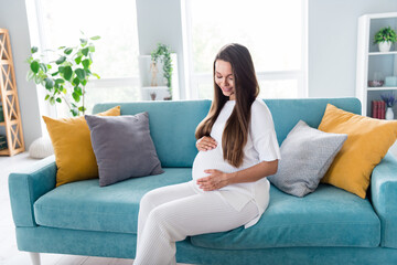 Photo of pregnant girl mom mama mum in casual wear sitting on divan touching belly living room