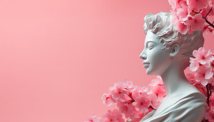 Venetian Woman Statue on Pink Background with Apple Tree in Bloom, March 8 World Women's Day
