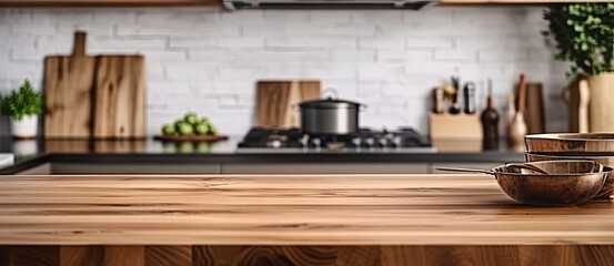 Obraz na płótnie Canvas Modern culinary haven. Empty wooden kitchen counter with rustic accents. Homey kitchen elegance. Blurred background of cozy cooking space