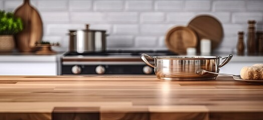 Fototapeta na wymiar Modern culinary haven. Empty wooden kitchen counter with rustic accents. Homey kitchen elegance. Blurred background of cozy cooking space