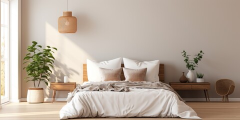 A comfy bedroom in soft colors with a hanging light bulb.
