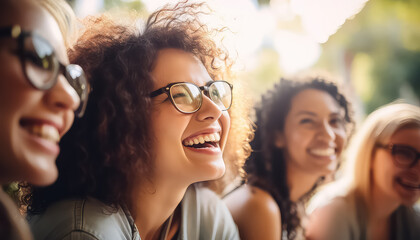 Group of women laughing and chatting in glasses , March 8 World Women's Day - obrazy, fototapety, plakaty