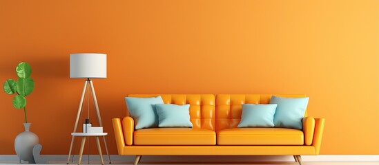 Illustration of a Scandinavian living room orange sofa in a white colored room