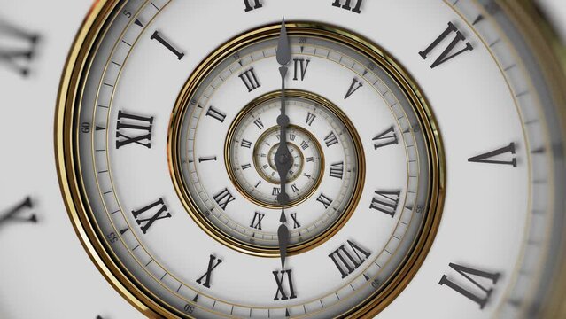 Abstract modern white spiral clock dial with roman numerals. Concept of Infinite time, deadline, scheduling, time and space, past, present and future.