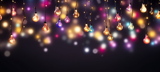 Christmas holiday and Happy New Year decoration and illumination concept. Garland bokeh lights over black background.