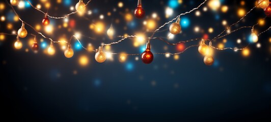 Christmas holiday and Happy New Year decoration and illumination concept. Garland bokeh lights over black background.