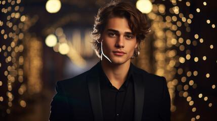 handsome man in a black suit against a background of lights. ai generative