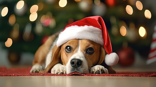 Cute dog with red Santa hat in room decorated for Christmas